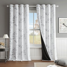 Beauoop Floral 100% Blackout Curtains 90 Inches Long 2 Panels for Bedroom Living Room Grey White Flower Patterned Room Darkening Thermal Insulated Soundproof Grommet Window Treatments Drapes, 52X90