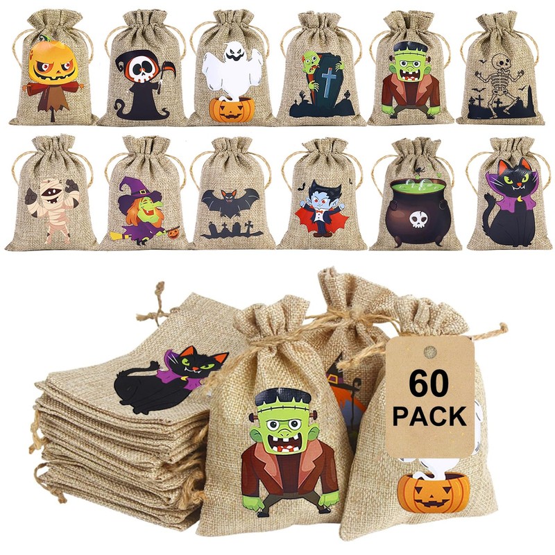 60 Bolsas de Regalo de Arpillera para Halloween con Cordón