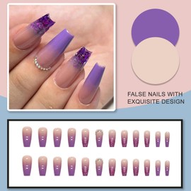 Press on Nails for Sticking, Pack of 24 Medium Length Square French Artificial Nails, Shiny French Tip Artificial Nails, Purple Acrylic Fingernails, Fake Nails for Women and Girls
