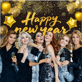 Happy New Year 2026 Decorations Banner Party Backdrop Large Polyester Sign Poster Black Background with Pattern for 2026 New Year Party Festival Home Decor Photo