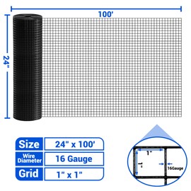 Black Hardware Cloth 16GA 1 inch 24inch(H) x 100ft(L), 16Gauge Wire Mesh Roll for Chicken Wire Fencing Metal Garden Fence Powder Coated Galvanized Welded Fence Poultry Cage Home Improvement Projects