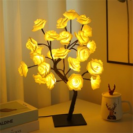 LED Desk Lamps White Rose Flower Tree Lamp Tree Night Light Centerpiece Fairy USB for Mother's Father's Day Home Bedroom Valentines Christmas Day Easter Wedding Party Decor LED Desk Light (White)