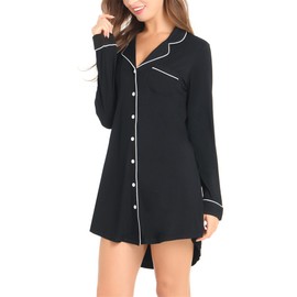Cherrydew Women Long Sleeve Nightgown Bamboo Viscose Super Soft Comfy Cooling Breathable Sleepwear Button Down Sleep Shirts(Black,M)