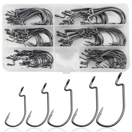 Offset Hook Worm Fishing Hook Set with Plastic Box, Offset Fishing Hooks for Rubber Bait, Rubber Fish, Jigs, Creature Bait, Saltwater Fishing Hooks, Fishing Accessories Kit (120pcs/box (1#-5/0))