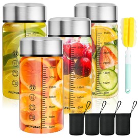 Elesunory 4 Pack Glass Juice Bottles Wide Mouth Shaker Bottles with Stainless Steel Lids Reusable Juice Containers for Juicing, Smoothies, Milk