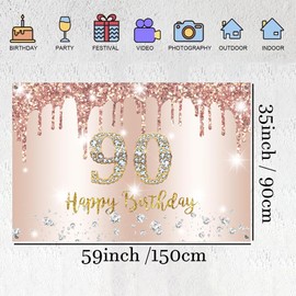 Happy 90th Birthday Party Decoration Backdrop Banner for Woman Happy 90 Years Old Fabric Sign Poster, Glitter Rose Pink Photography Background 90 Birthday Table Decoration, 150x90cm