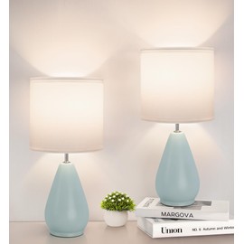 Yacoto Ceramic Table Lamps Set of 2, Small Blue Bedside Lamps for Bedroom Modern Nightstand with 3 Color Temperatures for Living Kid’s Room Reading Office Dorm (2 Bulbs Included)
