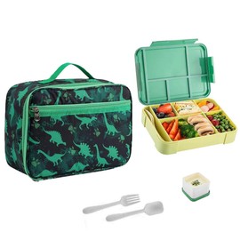 EnigmaMama Bento Box for Kids Lunch Box Set with Reusable Kids Pouches Lunch bag Cute Toddler boys Lunch Cooler Organizer Lunch Tote (Green Dinosaur blunch bag+lunch box)