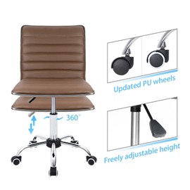 Furmax Mid Back Task Chair, Low Back Leather Swivel Office Chair, Vanity Chair for Makeup Room, Computer Desk Chair Retro with Armless Ribbed (Brown)