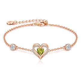 CDE Love Heart Bracelets for Women Girls 925 Sterling Silver with Birthstone Zirconia, Valentine's Mother's Day Christmas Birthday Anniversary Charm Link Chain Bracelet Jewelry Gifts for Mom Wife Girlfriend Her (Rose Gold-08-Aug.)