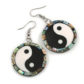 50mm L/Black/White/Abalone Round Sea Shell Yin Yang Earrings/Handmade/Slight Variation In Colour/Natural Irregularities