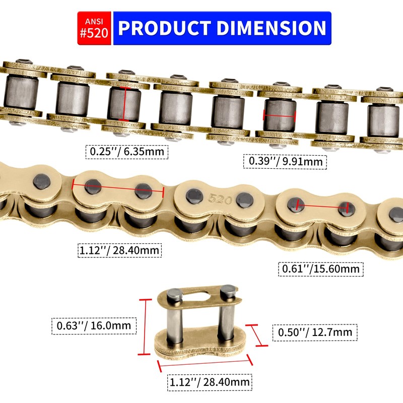 Belleone 520 Gold Motorcycle Chain 114 Links with Chain Breaker,