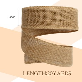 20 Yard Burlap Ribbon Wide Jute Ribbon Burlap Fabric Roll Natural Burlap Wired Edge Ribbon for Wreaths, Christmas Tree Decoration, Big Bow Crafts, Gift Wrapping, Wedding(2 Inch)