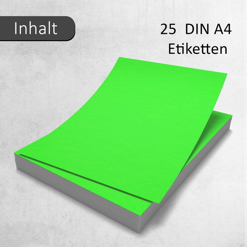 25 Labels in Neon Green, DIN A4 Large, Neon Paper
