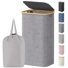 Lifewit 100L Laundry Basket with Lid, Clothes Hampers for Laundry with Bamboo Handles and 1 Removable Bag, Large Foldable Laundry Hamper for Bedroom, Bathroom, Dorm, Laundry Room, Light Gray