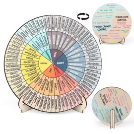 Feelings Wheel Therapy Office Desk Decor 5.9 Inch Double-Sided Wood Mental Health Emotions Chart with Stand,Emotion Wheel Chart for Counselor Therapy Psychologist Office Home School
