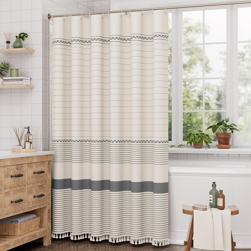 AmazerBath Boho Shower Curtain Set, Grey Shower Curtain with Tassels,