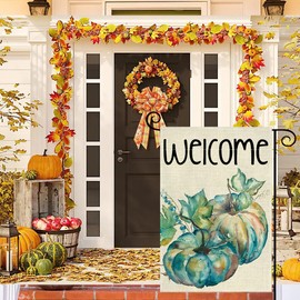 BEZKS Fall Pumpkin Small Garden Flag 12x18 Inch Double Sided, Best Choice Funny Welcome Peeps Autumn Thanksgiving Holiday Harvest Outdoor Seasonal Mini Burlap Fall Garden Flags (AB09)