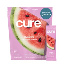 Cure Hydration Cure Hydration | Plant-Based Electrolyte Drink Mix | No Added Sugar | FSA & HSA | Dehydration Relief Powder Made with Coconut Water | Non-GMO | Vegan | Pouch of 14 Packets - Watermelon
