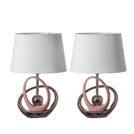 Quickway Imports Designer Table Lamps, 16" Decorative Ceramic Table Lamp, with Reflecting Silver and Pink Circular Stand and White Cotton Lampshade, Unique Lamp for Living Room or Bedroom