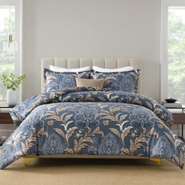 Bedduvit Navy Damask Queen Comforter Set - Luxury Cotton Vintage Bedding Set, Ultra Soft Egyptian Cotton Paisley Bed Set for All Seasons, 3pcs Hotel Bedding Comforter with 2 Pillow Shams, Navy/Beige