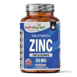Zinc Capsules High Strength - 50mg Elemental Zinc – 180 Vegan Capsules (6 Month Supply) – Zinc Gluconate - Chelated Zinc Supplements for Immune System, Hair, Skin, Bones, Nails – Made by Nutrabytes