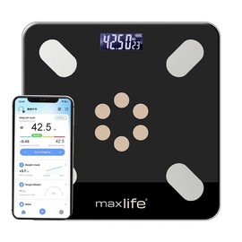 MaxLife Smart Scale for Body Weight, Digital Bathroom Scale BMI Weighing Bluetooth Body Fat Scale, Body Composition Monitor Health Analyzer with Smartphone App, 400 lbs (Black, 12" Inch)