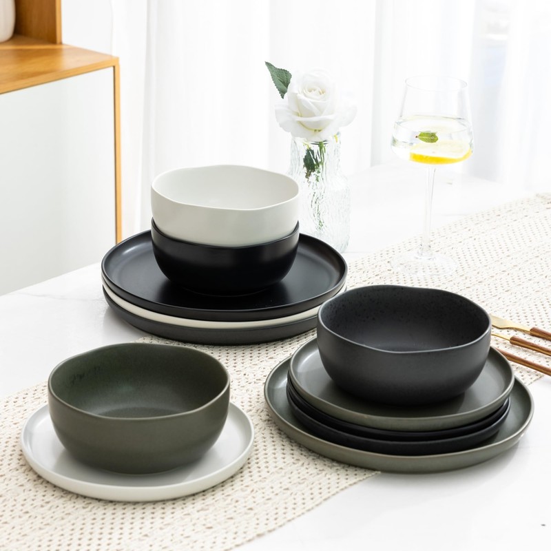AmorArc Ceramic Dinnerware Sets, Wavy Rim Stoneware Plates and Bowls