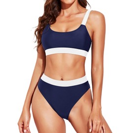 Tempt Me - Traje de baño deportivo de dos piezas de cintura alta con parte inferior para adolescentes, Azul marino, L