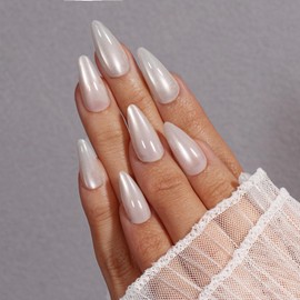 KQueenest Cat Eye Press On Nails Almond, 30 Pcs Glitter White Press On Nails Medium, Sparkly Fake Nails With Glue, Luxury Chrome Nails Press ons, Reusable Stick on Nail for Women Weddings Gift