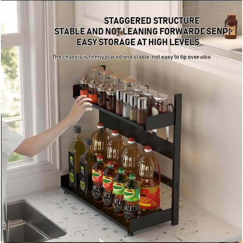 3-Tier Spice Rack Organizer with Knife Holder, Black Metal Counter