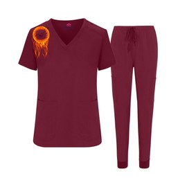 M&M SCRUBS Women's Essential Jogger Scrub Set Nursing Uniform Clearance Cool Stretch Scrub Top and Pant Workwear (Burgundy, Medium)