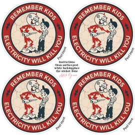 AG 4 PCS Remember Kids Electricity Will Kill You Decal Hard Hat Stickers Reddy Kilowatt Funny Electrician Mechanic Stickers, 3 Inch, Electricity Kills Sticker