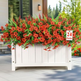 Alupssuc 24 Bundles Artificial Flowers for Outdoors Spring Summer Decoration, UV Resistant Eucalyptus Violet and Lavender Silk Fake Plants for Outside Indoor Yard Home Patio Porch Decor, Red