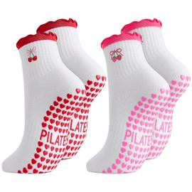 Zuimei 2 Pairs Women Cute Pilates Grip Socks Crew Yoga Non Slip Crew Sock Ruffle Cuff Embroidery Pattern Workout Ballet Sock for Women Girls Gifts, Pink + Red