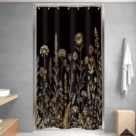 Riyidecor Small Stall Narrow RV Shower Curtain for Bathroom Decor 36Wx72H Black Gold Dark Floral Wildflower Boho Vintage Flower Rustic Art Printed Fabric Polyester Waterproof Women Girl Girly