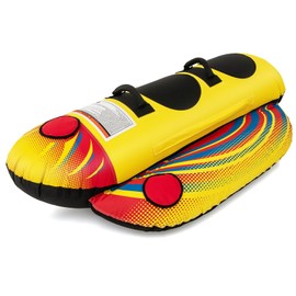 GYMAX Hot Dog Towable, 2/3 Riders Towable Tube for Boating with EVA Seat Pads, Easy Grip Handles, Full 900D Nylon Cover & Drainage System, Inflatable Floating Banana Boat (2 Persons)