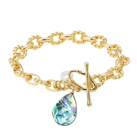 Freshwater Pearl/Abalone Shell Charms Toggle Bracelet, Chunky Oval Link Chain Bracelet 14K Gold Plated