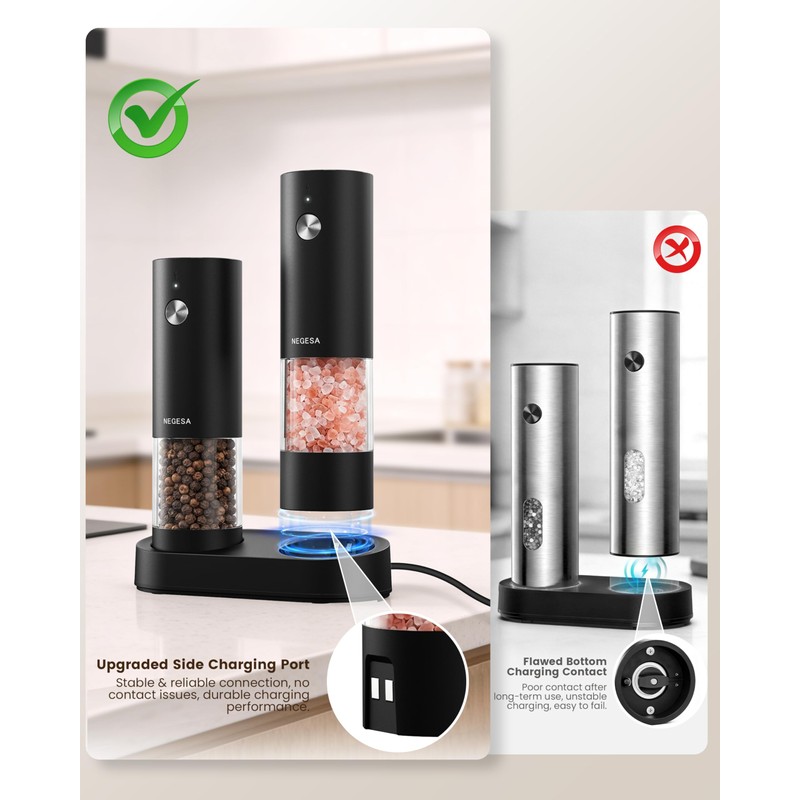 Electric Salt and Pepper Grinder Set, Rechargeable USB Base, Automatic