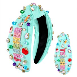 acher Headband for Women Teacher Accessories Crystal Pearl Knotted Headband Rhinestone Beaded Apple Embellished Top Knot Headband Back To School Outfits Teacher Appreciation Gifts (Style E)