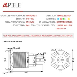 APIELE 16 mm Locking Pressure Switch 12 V DC 5 A, Stainless Steel with LED Power Symbol Waterproof Latch Push Button Switch with Pre-Wired Plug, Car RV Truck Boat On/Off Button Switch (Green)