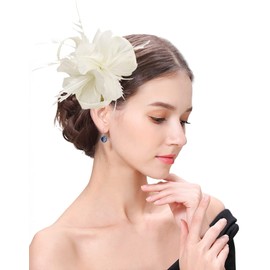 Z&X Women Feather Flower Fascinator Hat with Hair Clip Brooch for Cocktail Wedding, B- Beige, One Size
