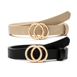 MORELESS 2 Pack Thin Belts for Women Jeans Dress Skinny Waist Belt with Gold Buckle Black Beige X-Small