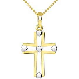 Jewelry America 14k Yellow Gold Two Tone Open Christian Cross Heart Pendant Necklace, 16"