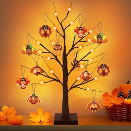 [Timer] Thanksgiving Decorations Indoor, 24 Inch Thanksgiving Birch Tree with 24 Orange Lights & 12 Turkey Decor, USB & Battery Operated Table Decorations Indoor Home Party Decor Room