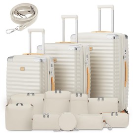 Joyway Carry On 13 Piece Luggage Set，Aviation Grade PP Spinner Suitcase, Durable with Style. Premium Baggage for All Travels with Bag Cream Color