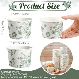 Jingmore 100 Pcs 8 oz Treat Snack Cups Bulk Ice Cream Bowl Cute Coquette Cups Party Favors Disposable Paper Bowls for Birthday Hot Iced Food Soups Sundae Snack Dessert Beverage(Green Floral Vintage)
