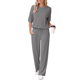 AOHITE Womens 2 Piece Outfits Lounge Sets Short Sleeve Pullover Tops Elastic Wide Leg Pants Set Sweatsuits Tracksuit Gray Small