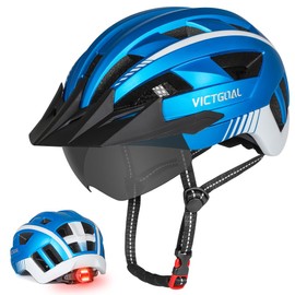 Victgoal Bike Helmet, MTB Mountain Bike Helmet with Magnetic Visor, Removable Sun Visor Cap and LED Rear Light, Cycling Helmet Racing Bike Helmet for Adults Men’s / Women’s (XL: 59 - 63 cm – Metallic Blue)