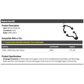 Front Upper Control Arm and Ball Joint Kit - 2 Piece - Compatible with 1995-2000 Chevy Tahoe 4WD 5.7L V8 (4WD Only)